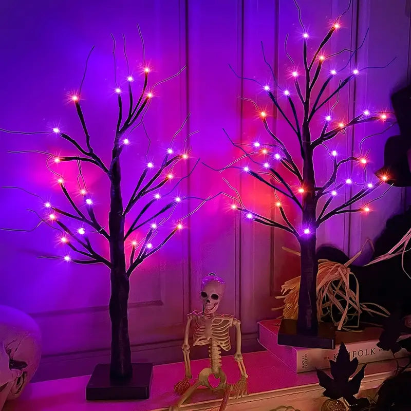 Halloween LED Baum 60cm – Schwarzer Deko-Baum mit Lila & Orange Lichtern