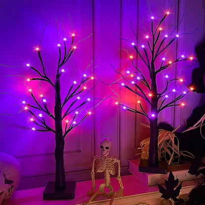 Halloween LED Baum 60cm – Schwarzer Deko-Baum mit Lila & Orange Lichtern